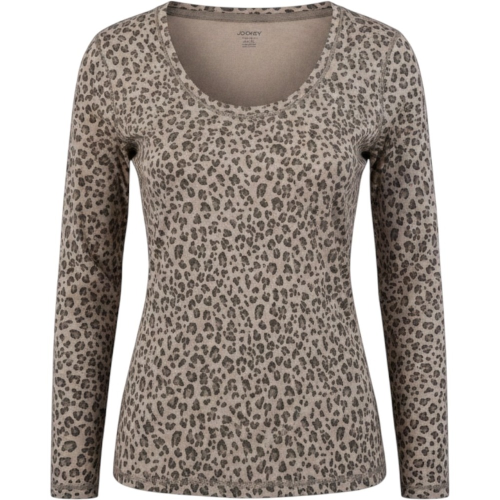 Jockey Long Sleeve Top Women XL Gray Leopard Print Scoop Neck Mob Wife Indie Y2K